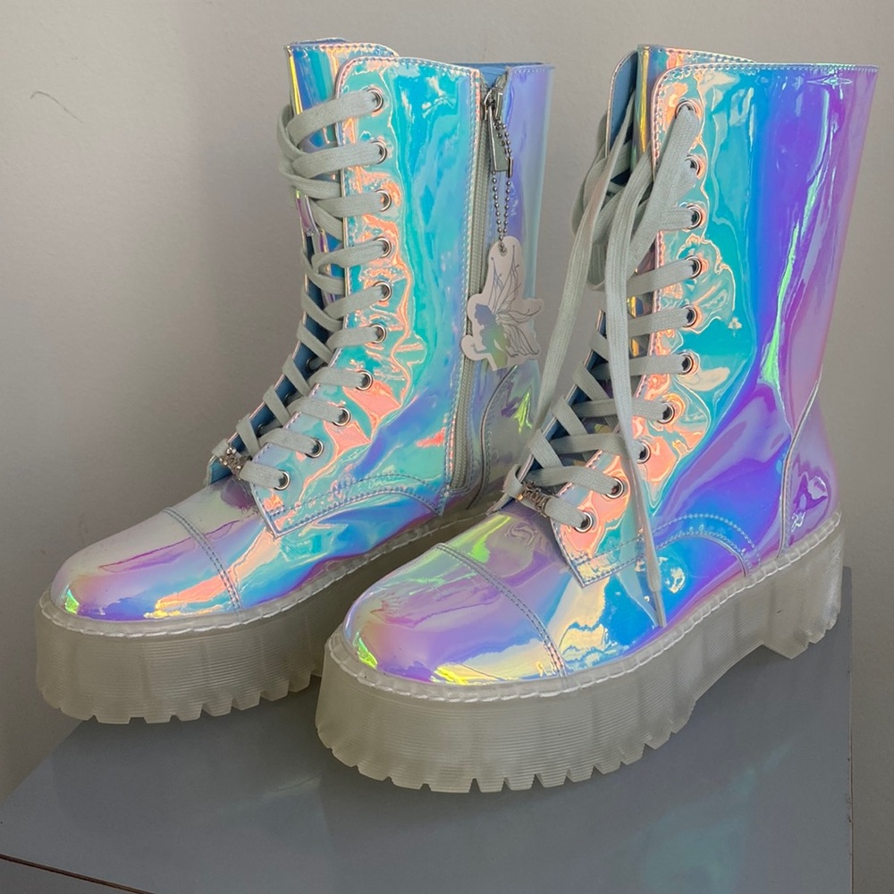 Sparkle Fairy Couture Combat Opal Iridescent Boots Sz 8 NEW
